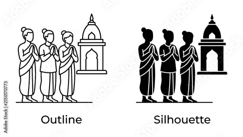 Bild auf Leinwand Monks in Prayer: Two outline and silhouette illustrations depict monks in traditional robes standing in prayer before a temple, symbolizing devotion and spirituality
