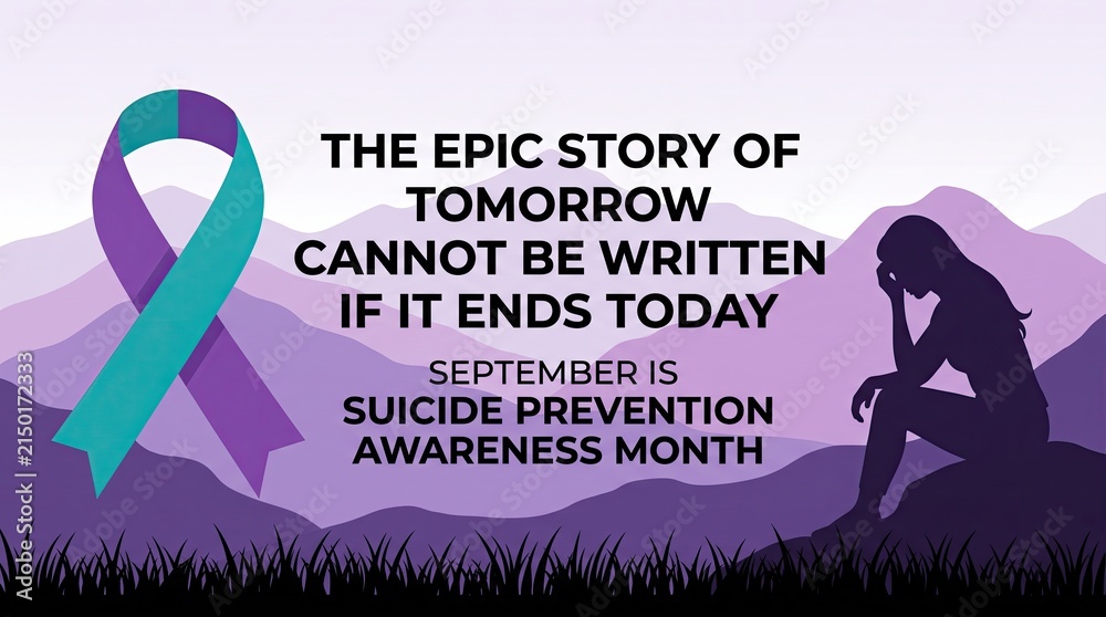 Fototapeta premium Suicide Prevention Awareness Month purple banner illustration showing sad woman silhouette and green purple awareness ribbon