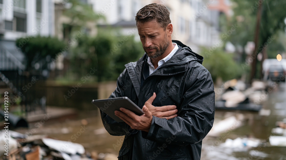 Fototapeta premium A rain-soaked insurance assessor in a waterproof jacket examines hail-damaged property in a flooded residential street, tablet clutched against chest, the aftermath visible in