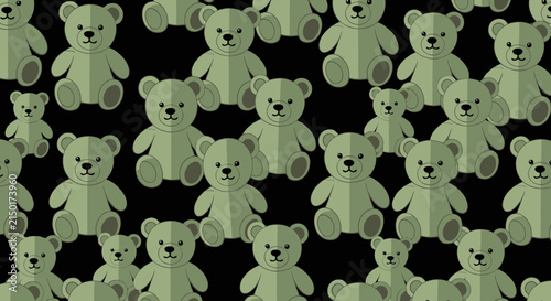 Green teddy bear seamless pattern on black background