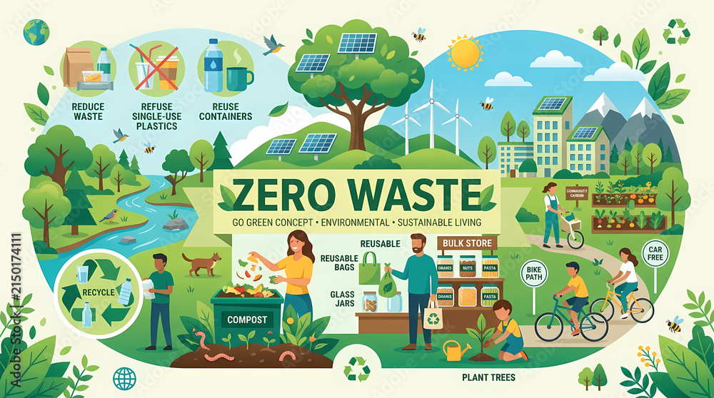 Naklejka premium Sustainable green living concept vector illustration featuring recycling, renewable energy, eco friendly habits, and gardening