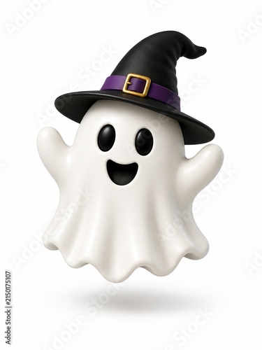 Happy ghost wearing a black witch hat for Halloween