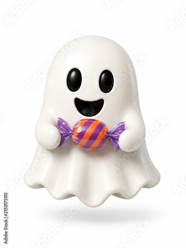 Happy ghost holding colorful wrapped Halloween candy