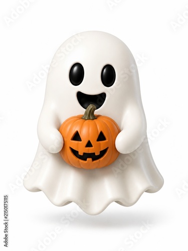 Happy ghost holding a carved Halloween pumpkin