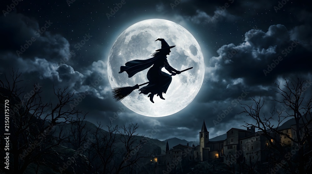 Fototapeta premium Silhouette of a witch flying across a glowing full moon, creating a magical and spooky Halloween scene.