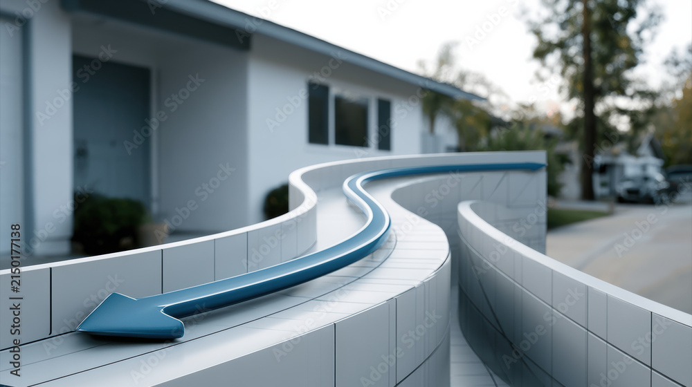 Fototapeta premium Curved blue arrow on modern white tiled pathway, outdoor residential area, contemporary architecture, smooth lines, calm atmosphere