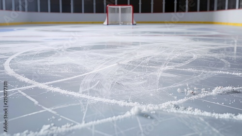 Ice hockey rink with freshly scraped ice surface and goal net in the background, showing markings and salt residue on the ice