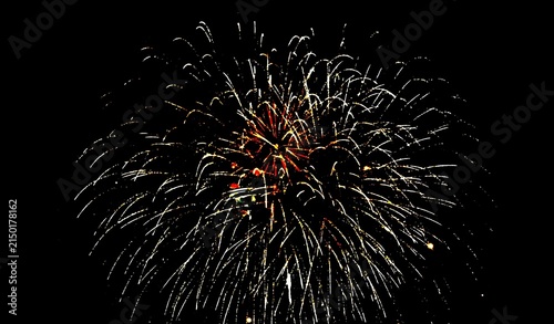 Golden fireworks burst with sparkling trails on dark night background. Perfect for New Year celebrations, festival events, holiday parties, anniversary backdrops, and festive card designs.