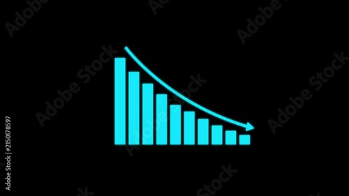 Declining business bar chart with downward arrow representing falling sales, reduced revenue, financial losses, market decline, decreasing performance, economic slowdown, and negative business trends.