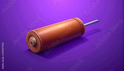Isolated brown leather cylinder with metal pin on purple background.