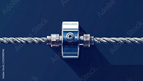 Close up of a blue metal clamp on a steel cable.