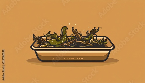 Fresh leafy greens in a rectangular tray illustration.