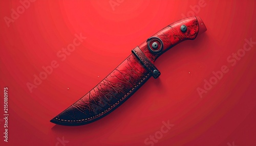 Red hunting knife with leather sheath on solid background.