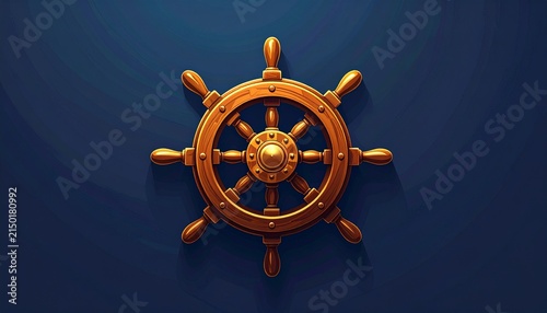 Vintage Wooden Ship Wheel Against Dark Blue Background.