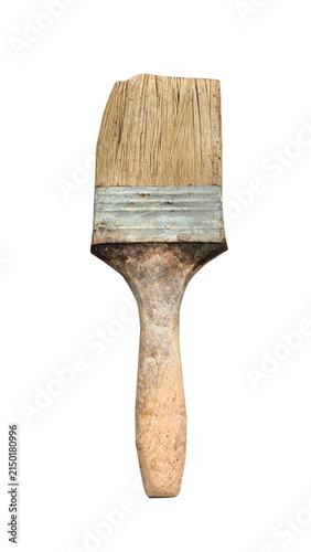 Old worn paint brush with thick bristles on transparent background