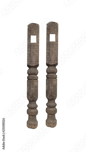 Antique wooden posts with carved details for on transparent background