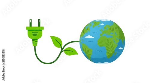 Earth globe connected to a green power plug symbolizing sustainable energy