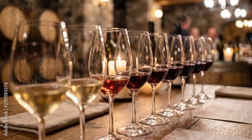 Row of wine glasses for a wine tasting event in a cellar with tasting room vineyard beverage glassware restaurant hospitality interior sommelier fermentation celebration stemware chardonnay