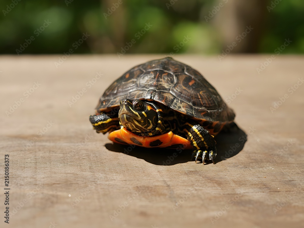 Fototapeta premium Close-up of wild eastern box turtle walking on wooden plank in natural sunlight