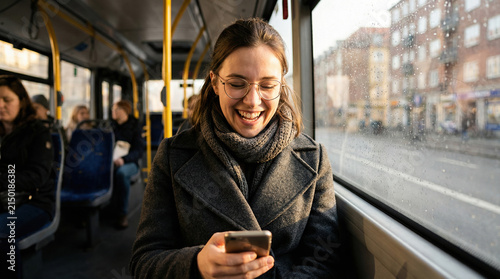 Caucasian young woman smiling and happily with smartphone while on a public bus
