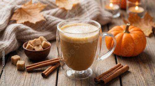Warm pumpkin spice latte in a glass mug with Whipped Cream and cinnamon sticks brown on wooden floor. Cozy Halloween Coffee Setup