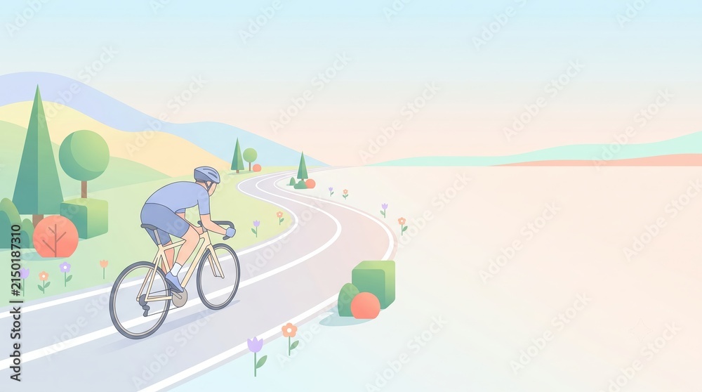 Fototapeta premium Cyclist riding on winding road through scenic outdoor landscape