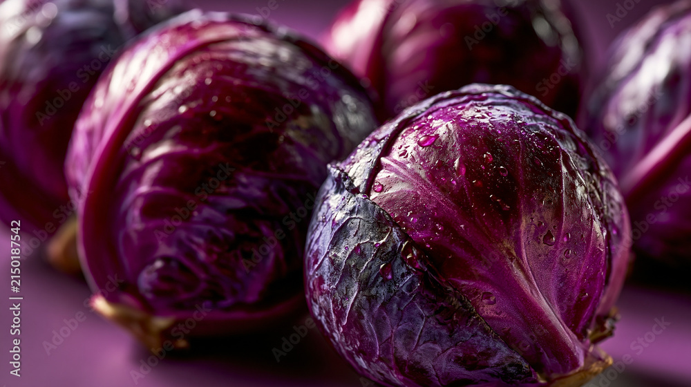 Obraz premium Fresh raw whole red cabbage heads on dark purple surface with vegetable nutrition vitamins agriculture