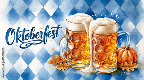 watercolor Oktoberfest poster, traditional Bavarian blue and white diamond pattern background, on the right side two glass beer mugs clinking together with foam spilling gently, sm