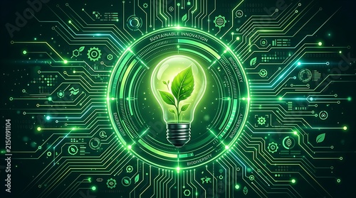 Digital glowing lightbulb with green plant inside futuristic circuit board