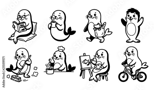 Obraz na plátne Cute Cartoon Seals Performing Everyday Human Activities Black and White Vector S