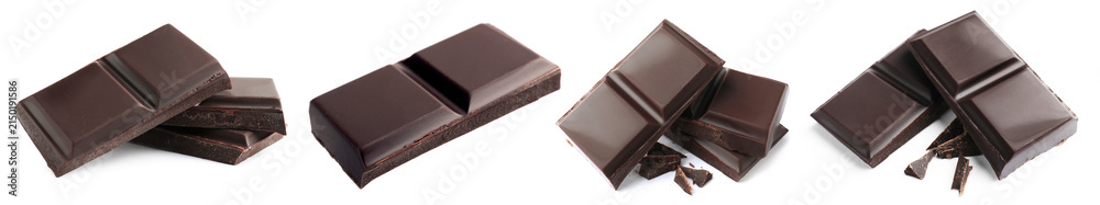 Fototapeta premium Pieces of dark chocolate isolated on white, set