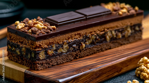 Gourmet chocolate layer cake slice with nut crumbles chocolate decadent delicious culinary catering
