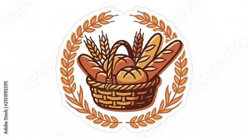 Bakery basket illustration, fresh baked bread and wheat in a woven wicker basket, surrounded by a golden wheat wreath, isolated on white, for food packaging or menu design
