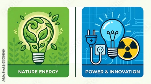 Vector infographic icons comparing sustainable nature energy and nuclear power