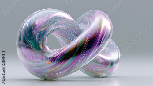 abstract iridescent glass knot sculpture with colorful holographic twisted surface design