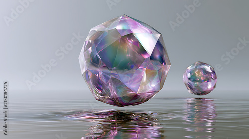 three faceted crystal gemstones with rainbow reflections on clean white background