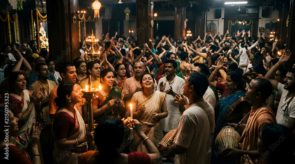 Obraz premium A large group of people celebrating and dancing joyfully inside a temple with hands raised in the air.