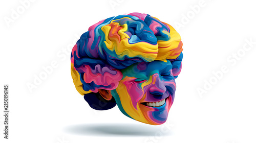 happy smiling brain illustration in bright rainbow colors for mental health concept design