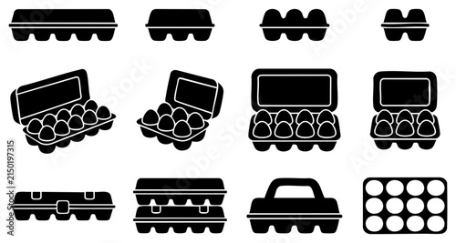 Set of black egg carton icons and containers for food storage in different views