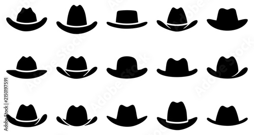 Fotografie Set of black cowboy hat icons in various shapes for western style fashion design