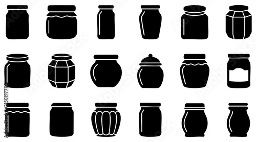 Set of black glass jars and food containers for canning and storage in simple flat style