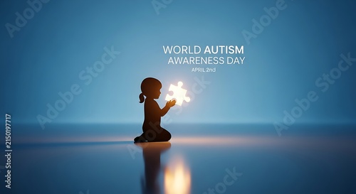 Little child kneeling holding glowing puzzle piece symbolizing autism