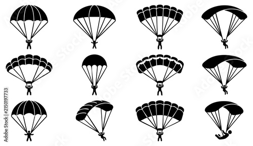 Принти на полотні Set of black parachute icons with skydivers jumping and flying in the air