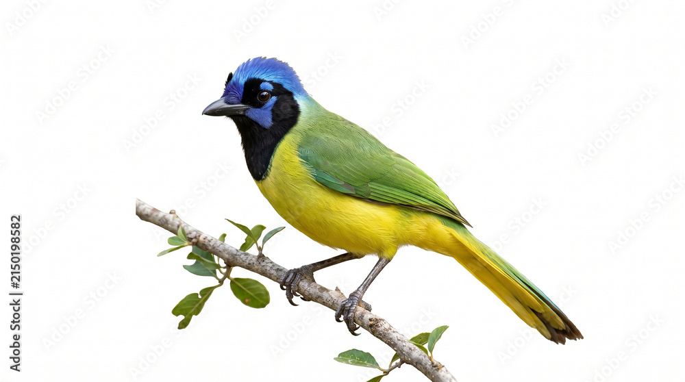 Fototapeta premium Colorful bird with blue head and green body perched on a delicate branch.