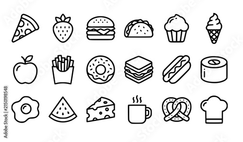 Bold Outline Food and Restaurant Icons Set with Pizza Strawberry Hamburger and Snacks