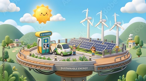 Electric vehicle charging station with renewable solar and wind energy power