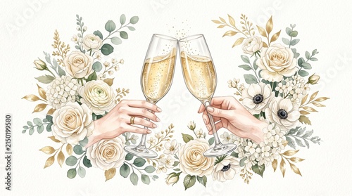 Watercolor wedding toast illustration, two hands clinking champagne glasses with golden bubbles, surrounded by elegant white floral wreath and green eucalyptus leaves