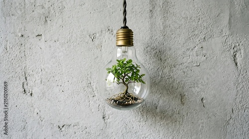 Small tree growing inside glass light bulb hanging against textured concrete