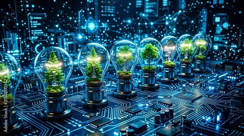 Green trees growing inside glowing light bulbs on futuristic digital circuit