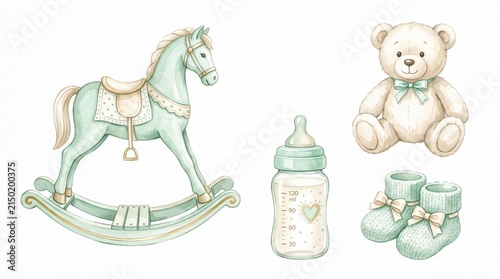 Watercolor baby boy shower set, featuring a rocking horse, teddy bear, baby bottle, and booties, in soft pastel mint green and beige, isolated on white for nursery decor or announcement cards